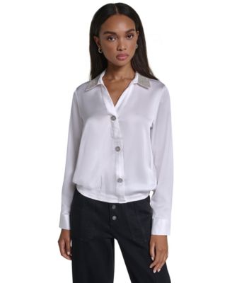 Women's Crystal Collar Satin Blouse