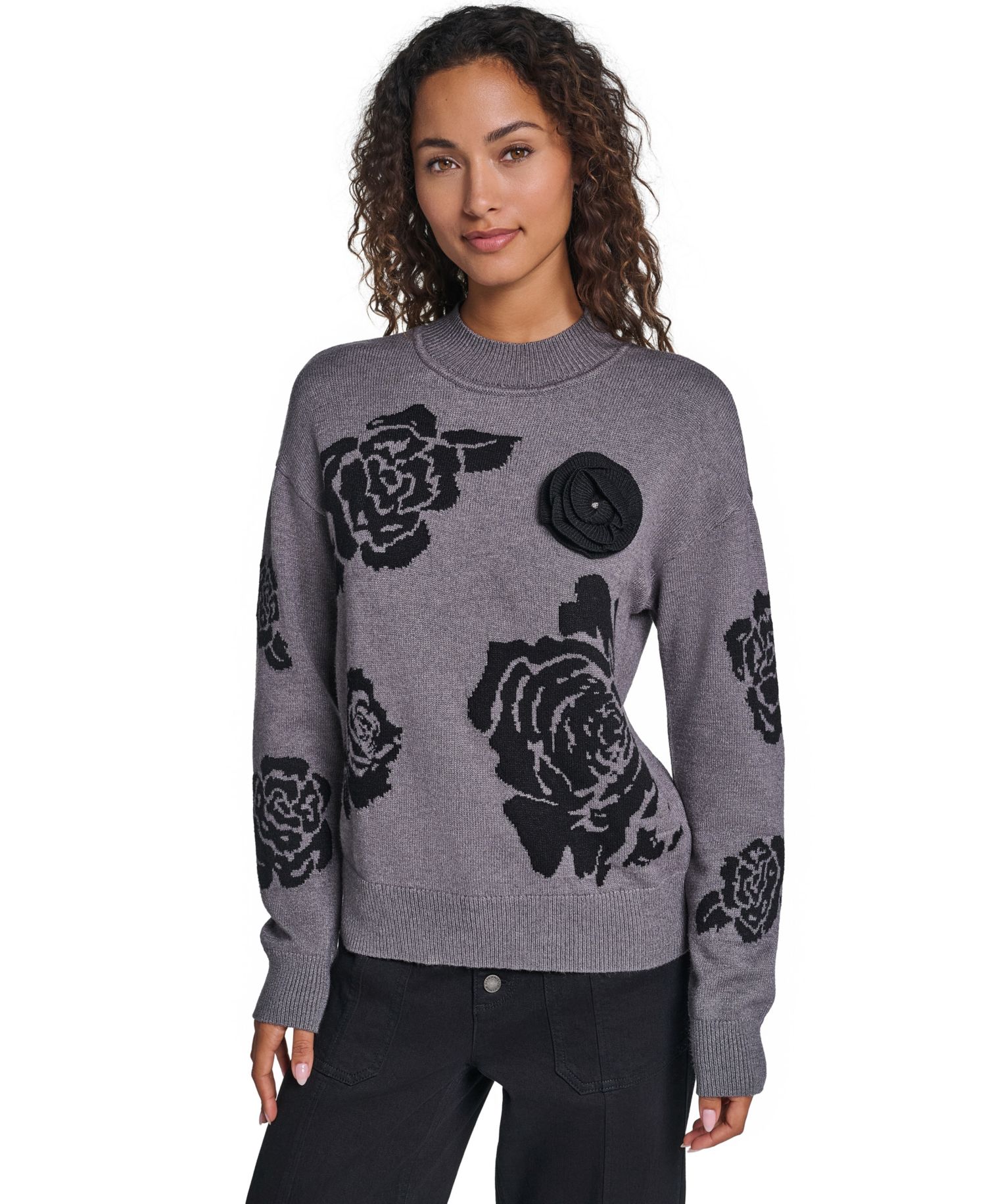 Women's Mock-Neck Long-Sleeve Floral Sweater