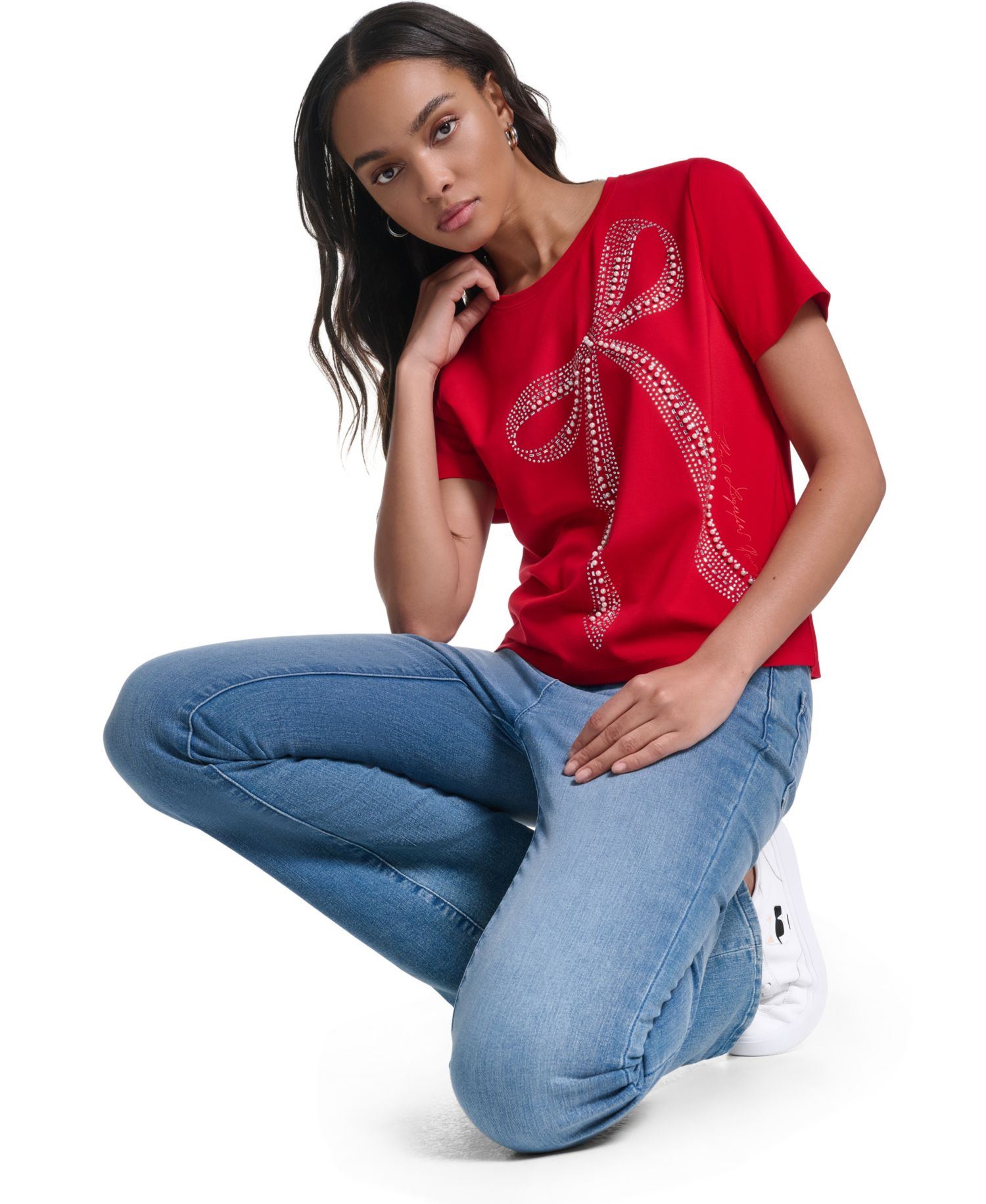 Women's Crystal Bow Rhinestone Short-Sleeve Top