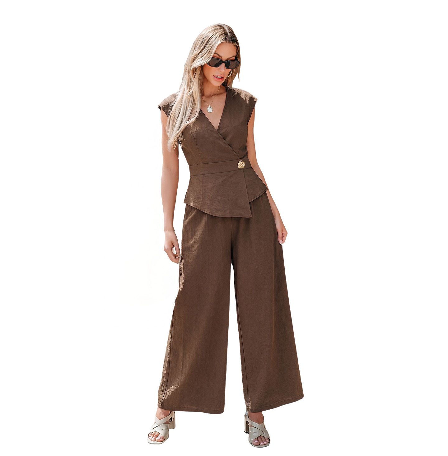 Cupshe Women's Wrap V-Neck Sleeveless Top and Wide-Leg Pants Matching Set, цвет: Коричневый — фото 2