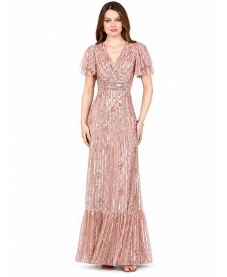 Women's Elegant Beaded Gown with Flutter Sleeves