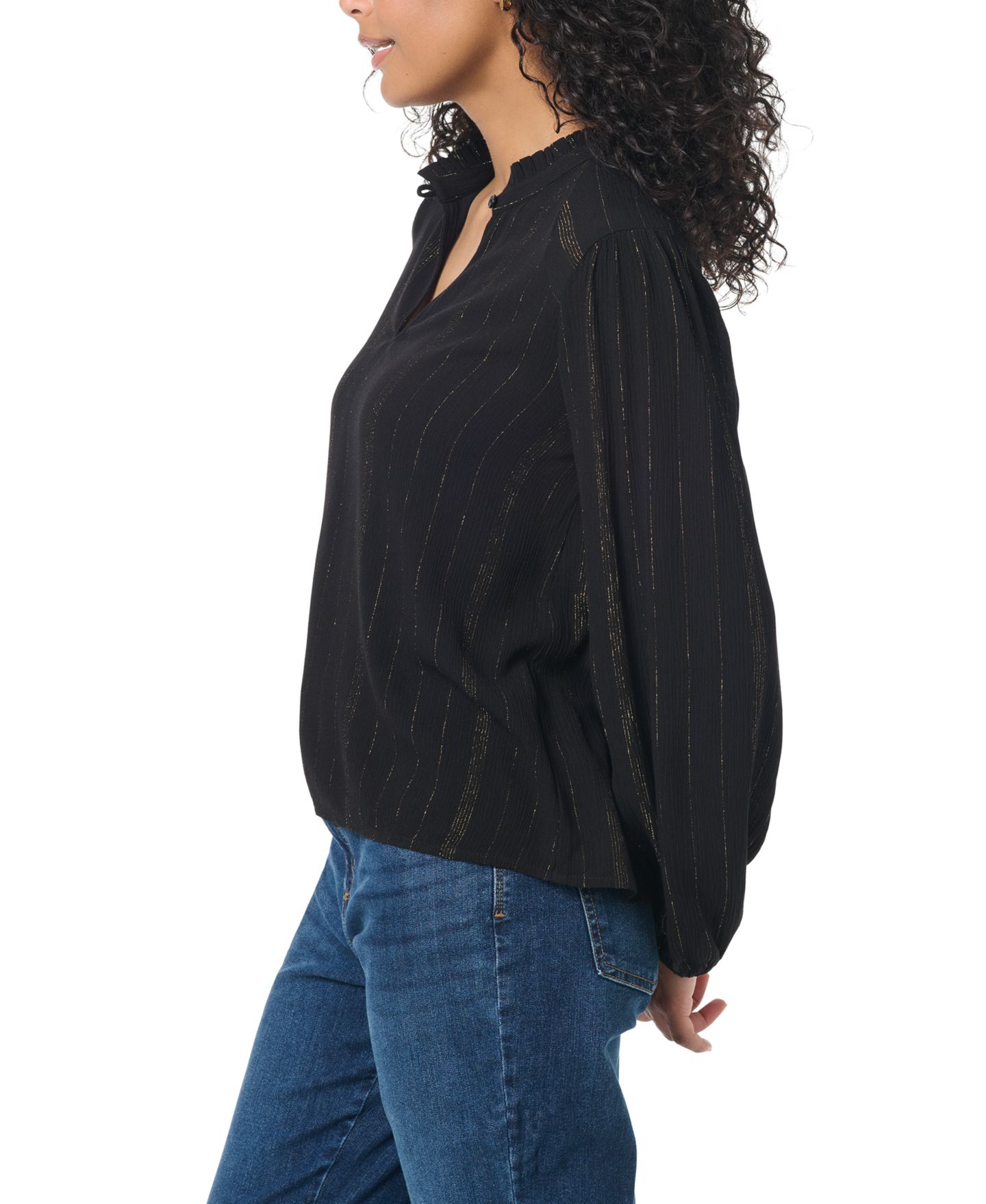 Женская блузка Gloria Vanderbilt Ruffle Collar Peasant Long-Sleeve, цвет: Чёрный полосатый — фото 3