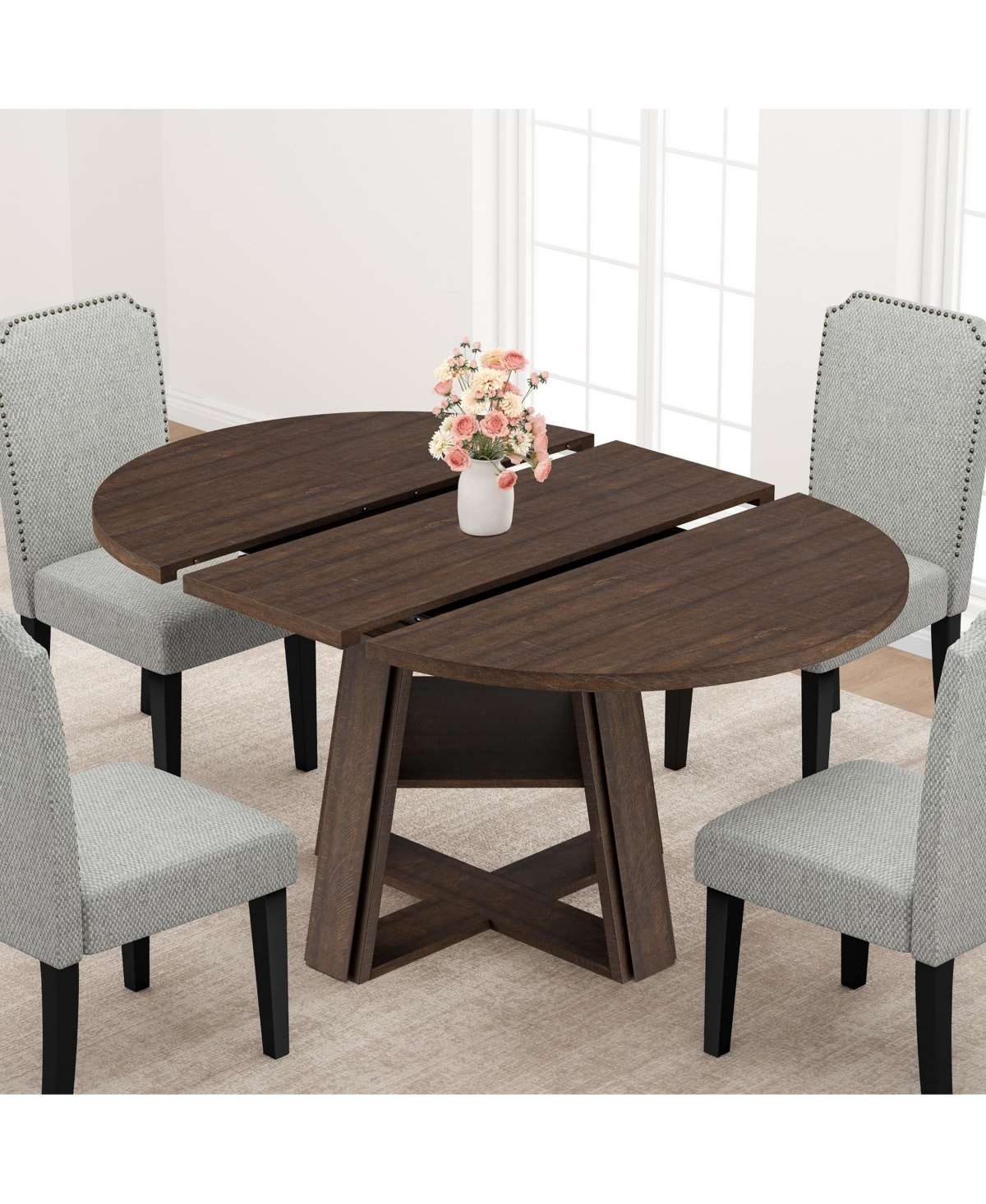 Gaomon Extendable Dining Table for 4-8 People, Space-Saving Oval/Round Table with Pedestal Base, Storage Shelf, for Kitchen & Apartment - Brown