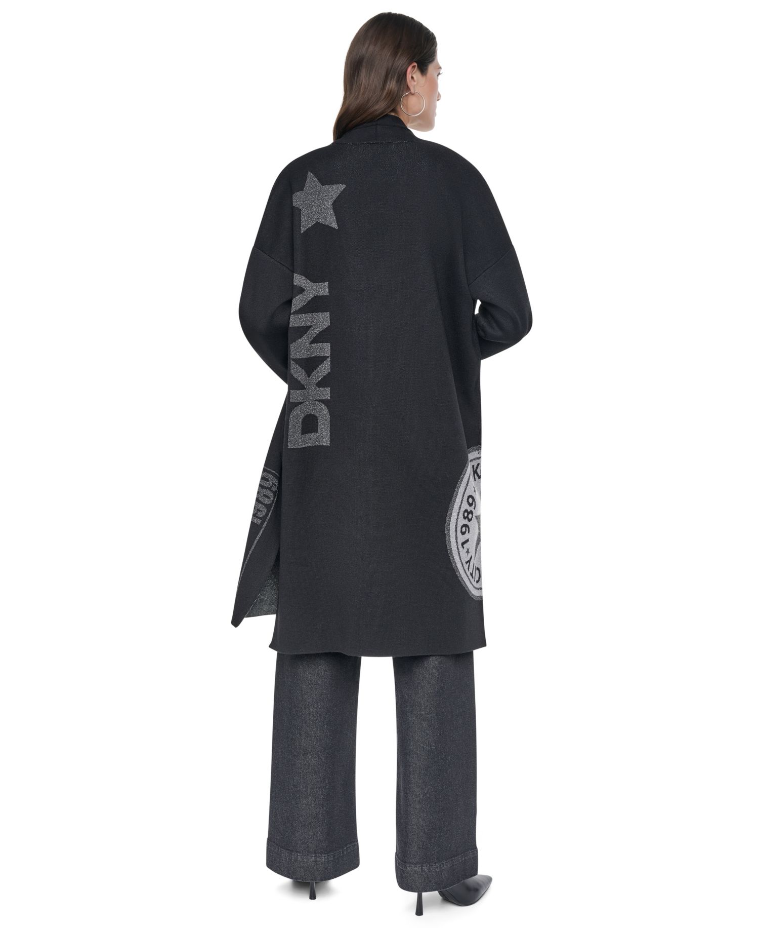 Women's Oversized Lurex Patch Open Front Cardigan Sweater