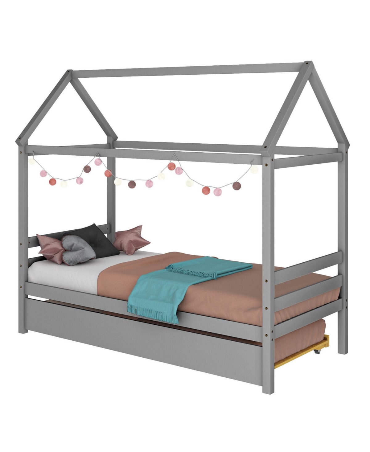 Mecale Kids Platform Bed Frame with Roof for Bedroom