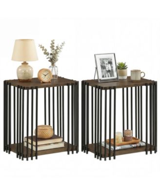 Rubber Wood Side Table Set of 2 with 2 Layer Storage Shelves and Metal Frame