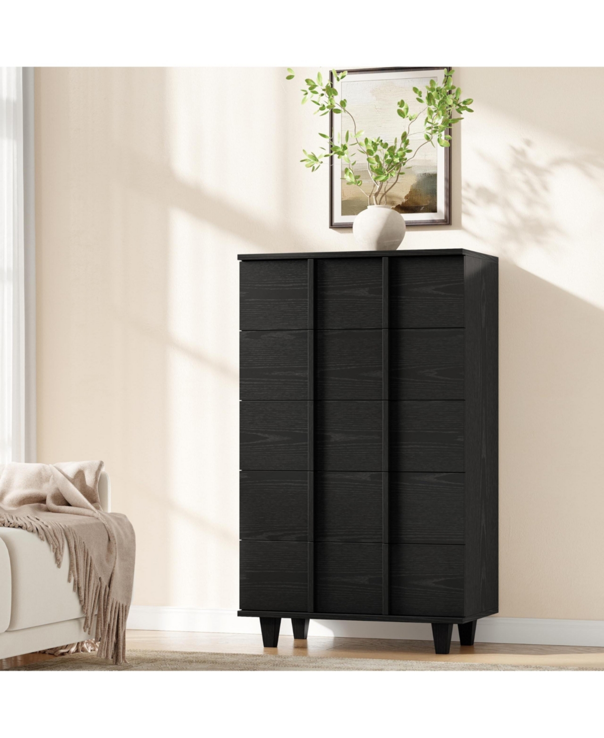 Modern 5 Drawer Tall Dresser Chest, Sleek Fluted Front Panels, Space Saving Clothing Storage Cabinet Designed For Compact Bedroom