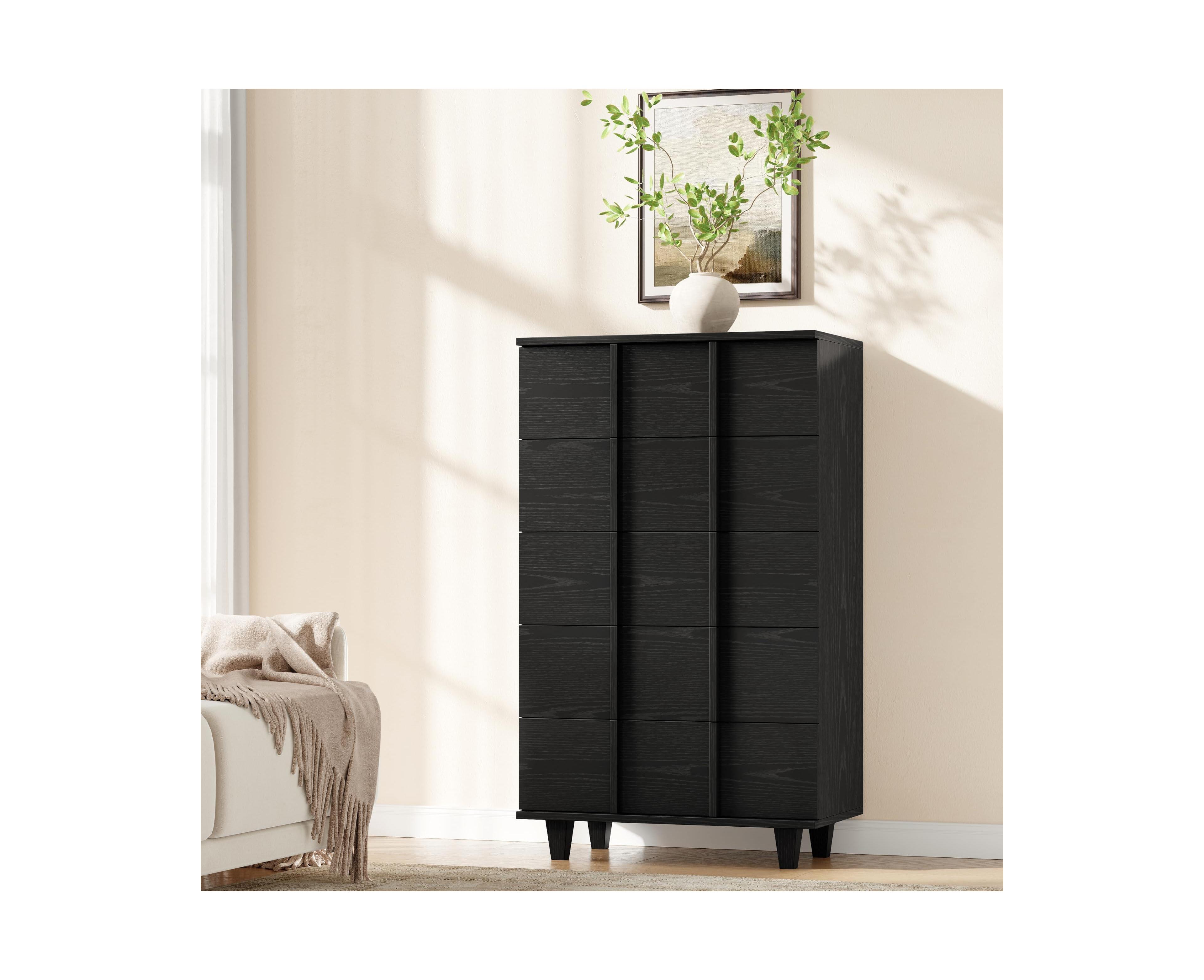 Modern 5 Drawer Tall Dresser Chest, Sleek Fluted Front Panels, Space Saving Clothing Storage Cabinet Designed For Compact Bedroom