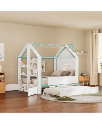 Full Size House Bed with Trundle, Storage and LED Lights