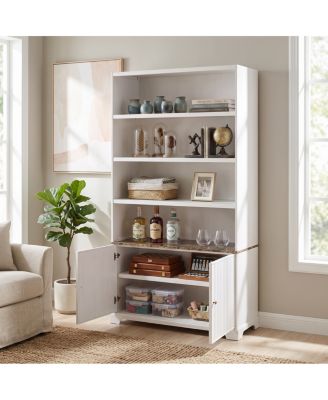 Modern 91" Tall Bookcase with Fluted Doors and Faux Marble Top