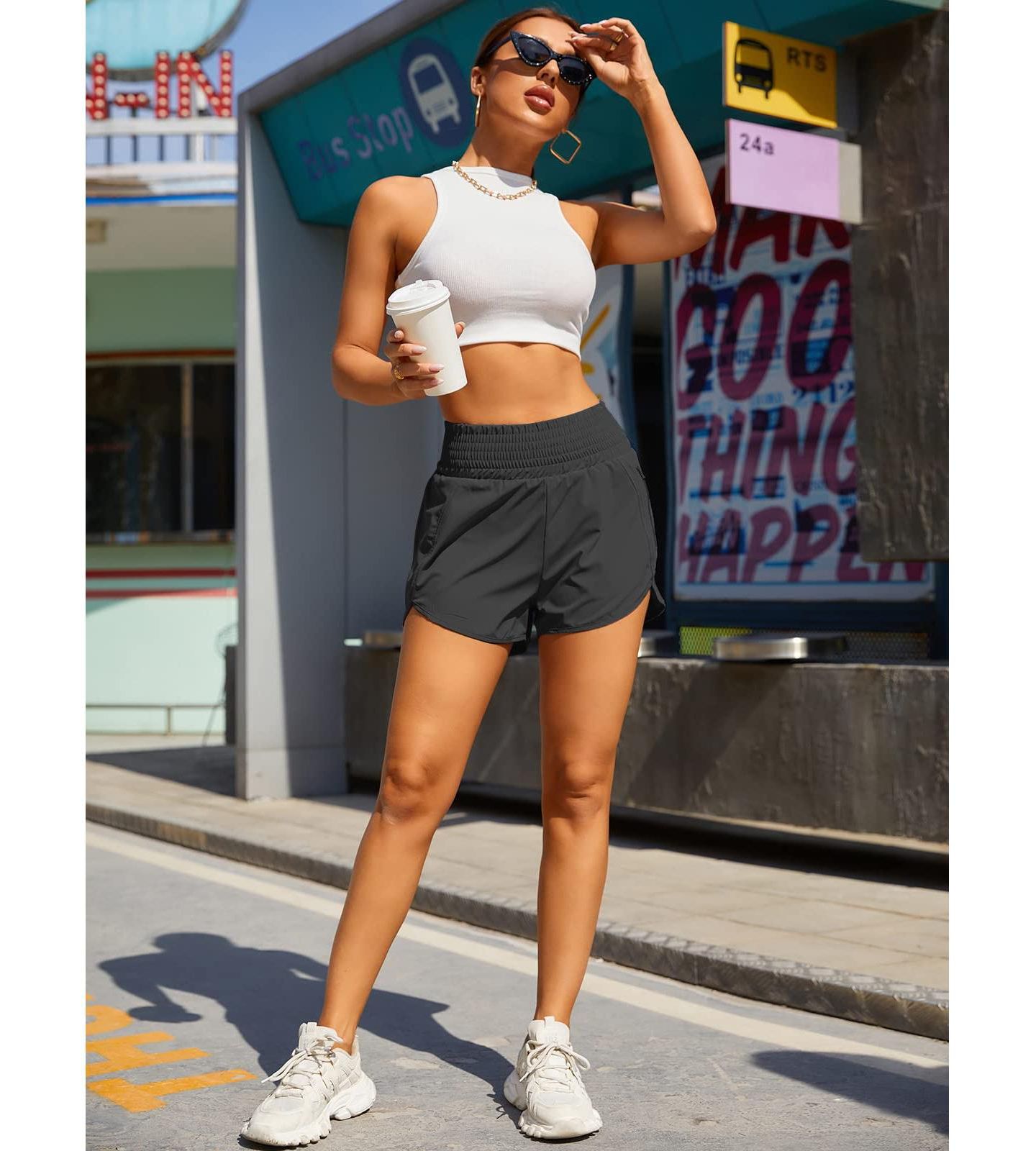 Женские шорты Furlihong Women High Waisted Athletic Shorts Quick Dry Zipper Pocket Double Layer, цвет: Чёрный средний — фото 3