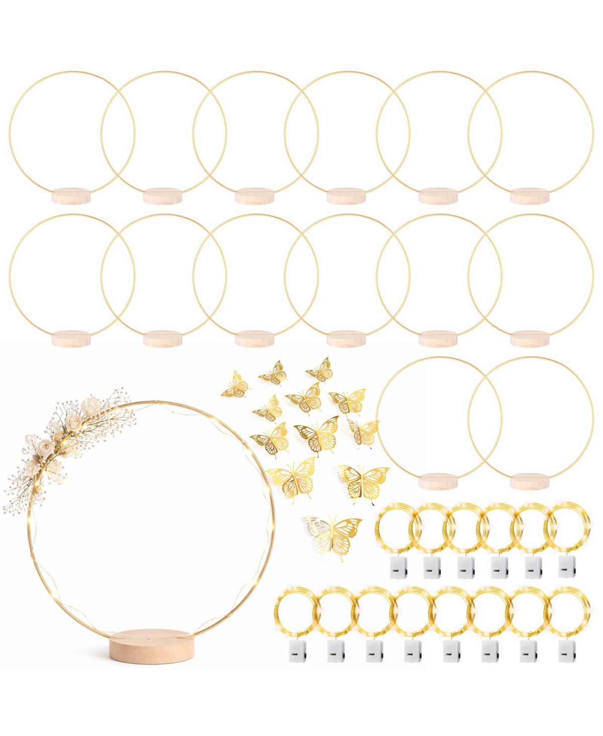 Aeelike 14 Pack Metal Craft Hoop Set with Stand Led Fairy Lights and Decorations for Diy Wreath Centerpieces