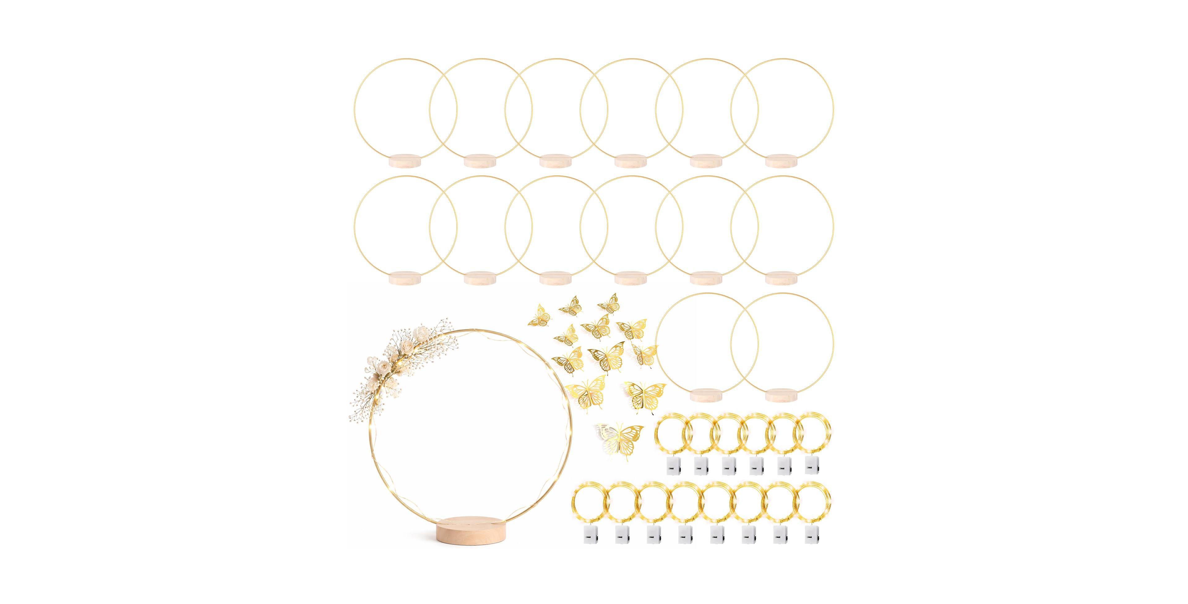 Aeelike 14 Pack Metal Craft Hoop Set with Stand Led Fairy Lights and Decorations for Diy Wreath Centerpieces