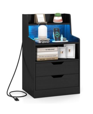 Nightstand with LED Light and Charging Station for Living Room Bedroom