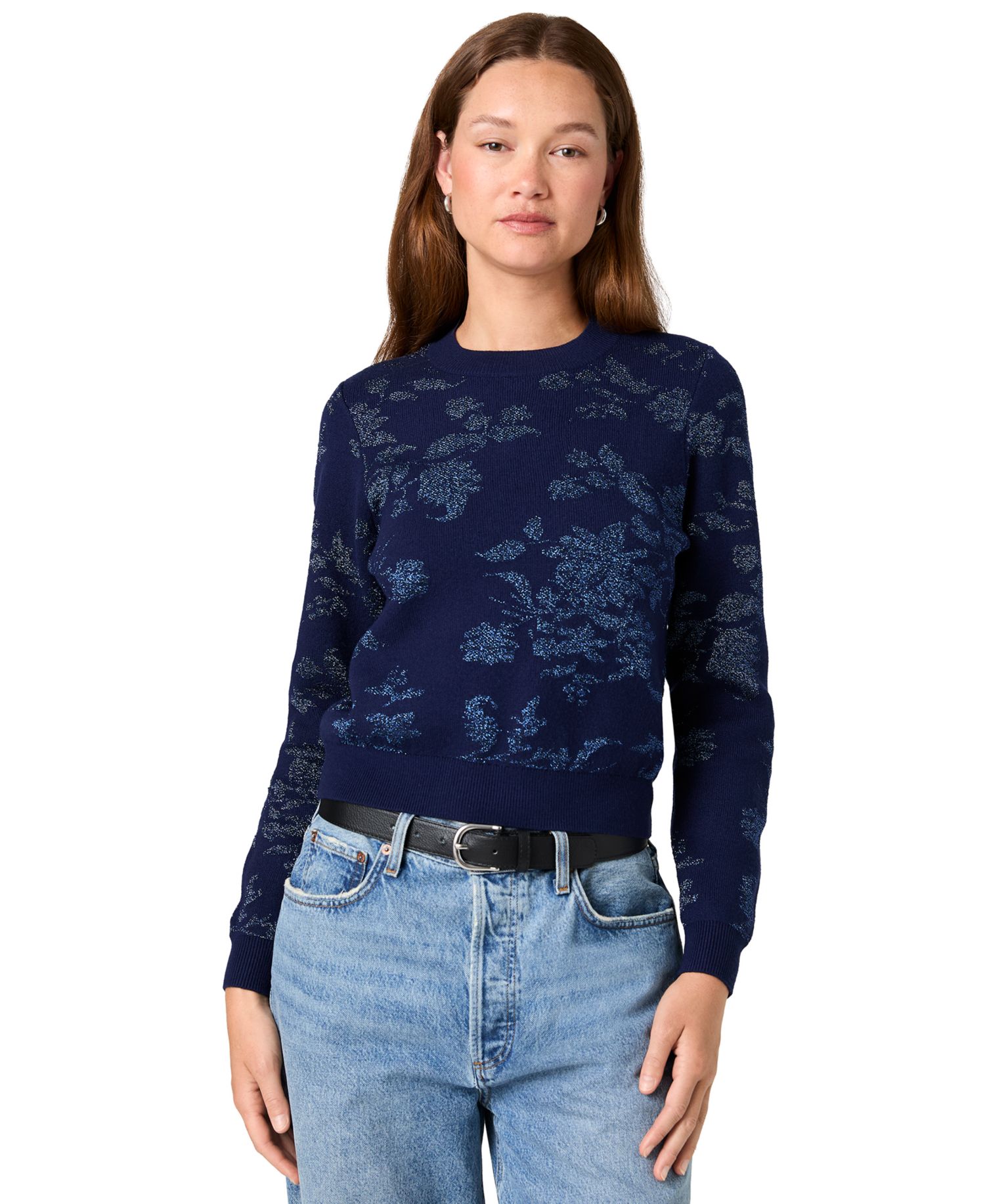 Women's Rory Fleur Long-Sleeve Floral-Print Metallic Pullover