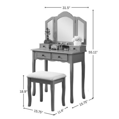 Wood Vanity and Stool Set, 3 Panel Beveled Mirror, 4 Drawers, Brushed Nickel Hardware