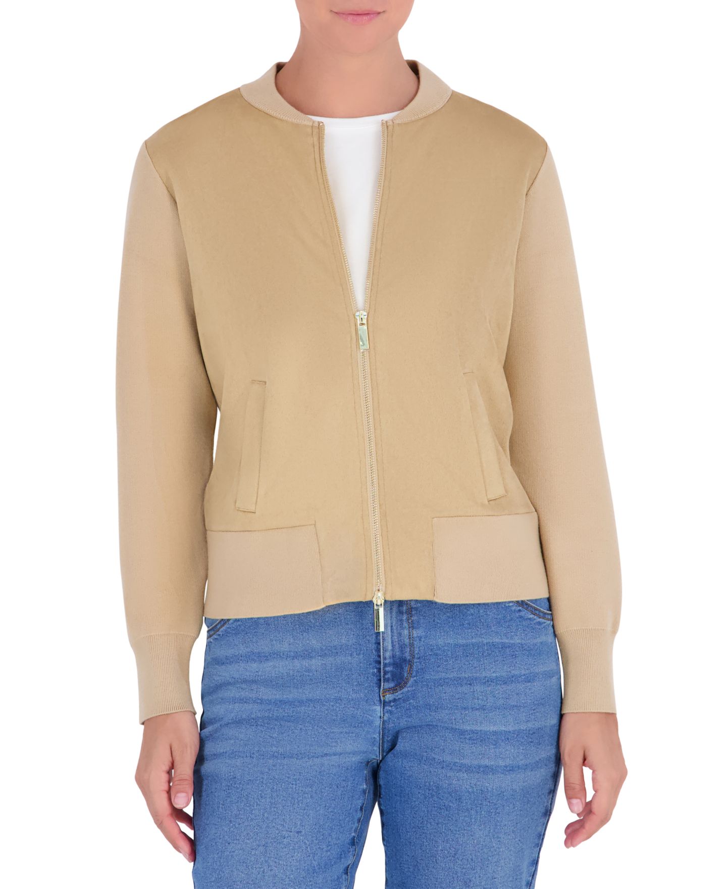 Женская куртка Jones New York Petite Textured Zip-Up Bomber, цвет: Натуральный верблюжий клетчатый — фото 1