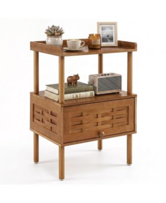 Bamboo Rattan Nightstand with Raised Edge Flip Up Door and Open Shelf, Walnut