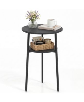 Set of 2 Round Side Table with Storage Shelf and Metal Frame for Living