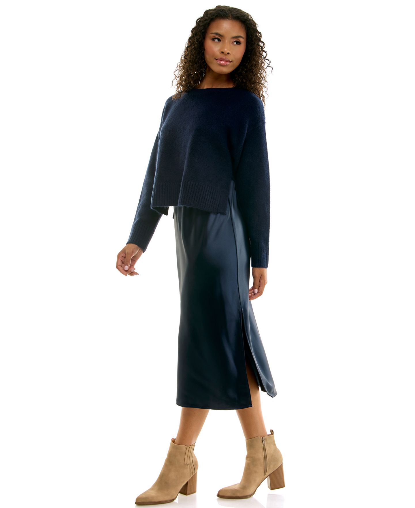 INVITEE Juniors' 2-Piece Satin Midi Slip & Pullover Sweater Set, цвет: Тёмно-синий — фото 4
