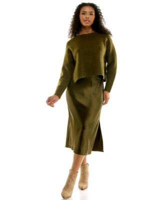 Juniors' 2-Piece Satin Midi Slip & Pullover Sweater Set