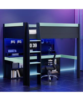 Full Size Loft Bed with LED Lights, Pegboard, Gaming Desk