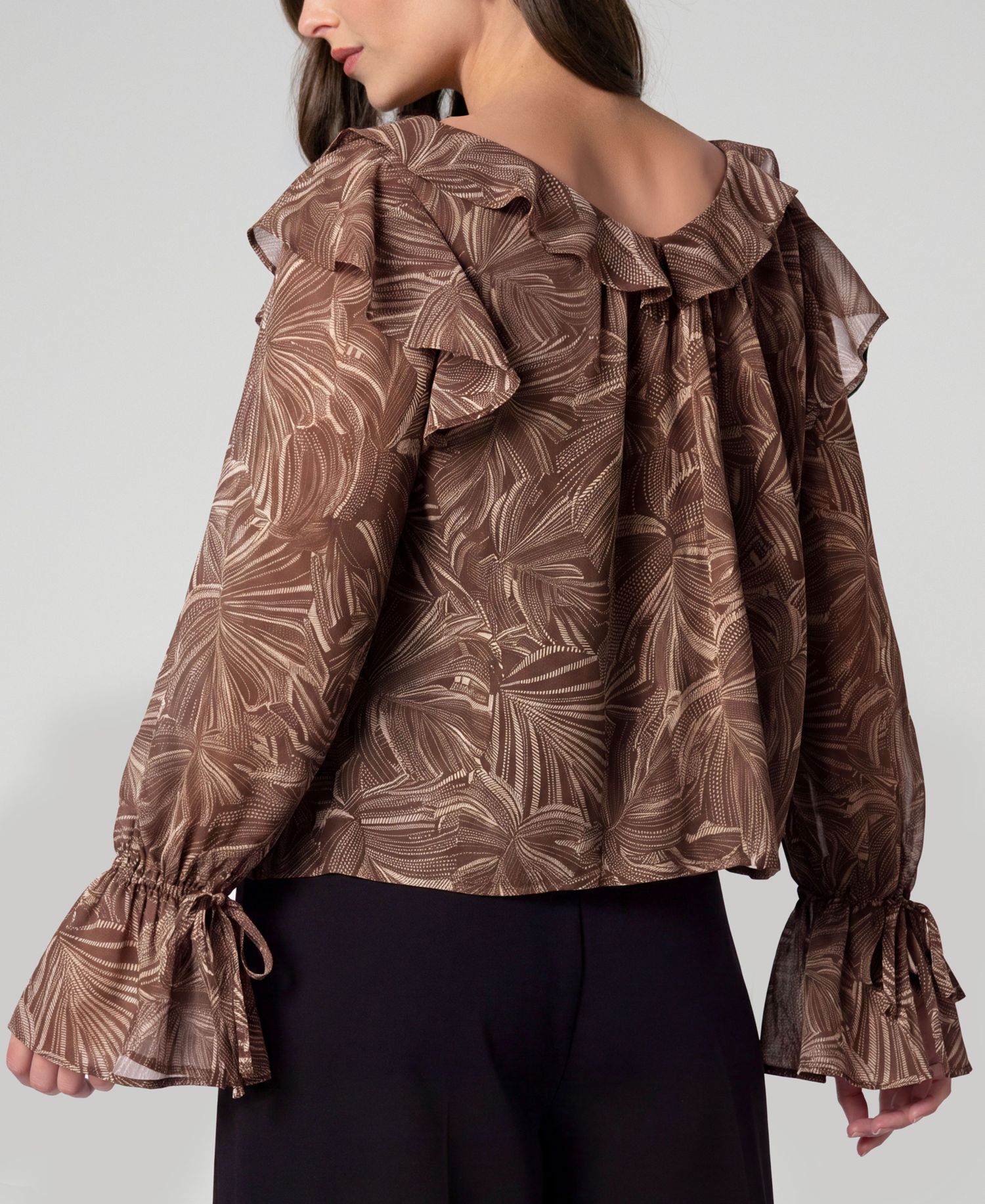 Women's Long-Sleeve Double-Ruffle V-Neck Blouse