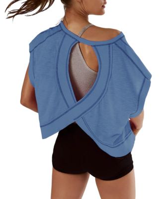 Women Short Sleeve Crop Workout Tops Open Back Athletic Gym Yoga Tees