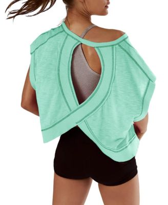 Women Short Sleeve Crop Workout Tops Open Back Athletic Gym Yoga Tees