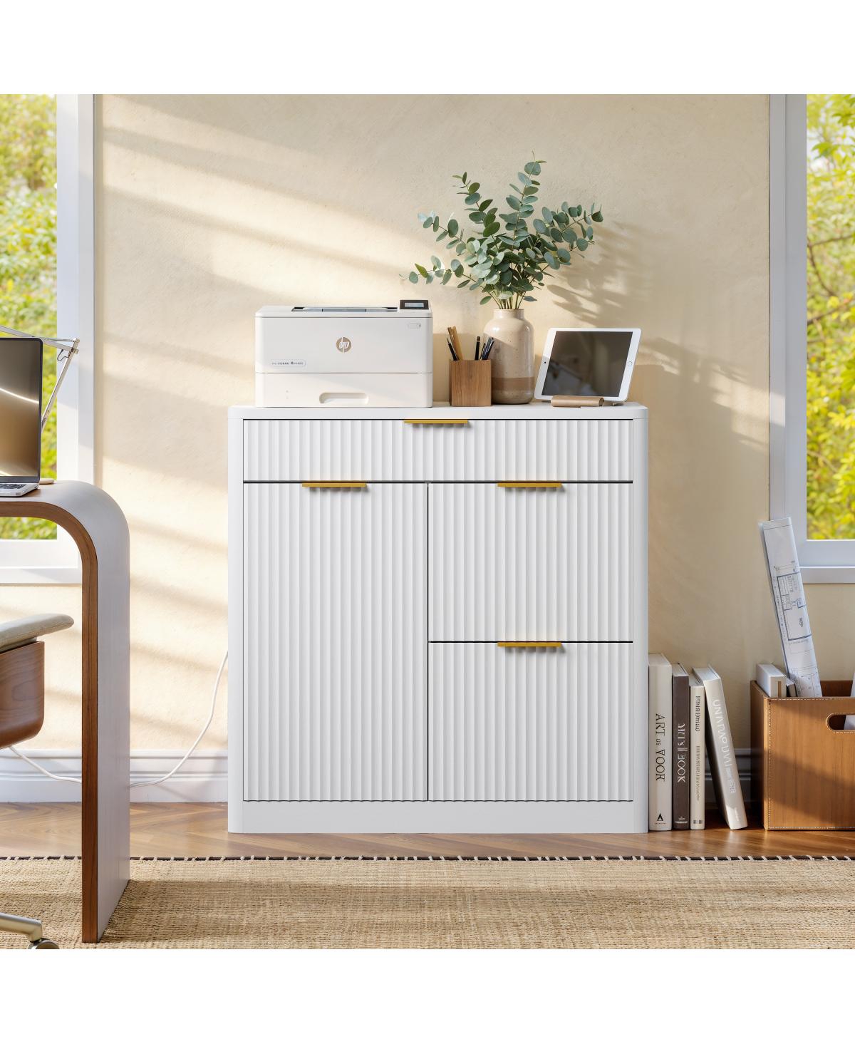 Streamdale Furniture Freestanding File Cabinet with Charging Station and Storage - White