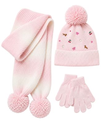 Girls' Ombre Pom-Pom Ribbed Knit Hat, Scarf and Gloves, 3-Piece Set