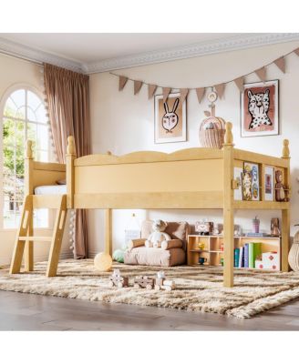 Twin Wood Loft Bed with Guardrails, Ladder and Bookshelf