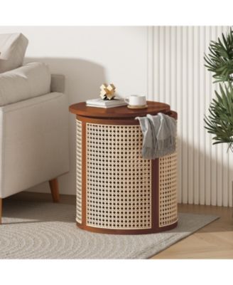  Round Rattan End Table  Woven Side Table with Wood Top Small Nightstand for Bedroom Living Room