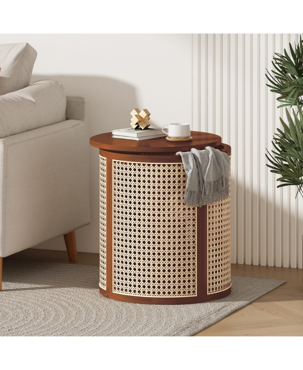 Flynama Round Rattan End Table Woven Side Table with Wood Top Small Nightstand for Bedroom Living Room