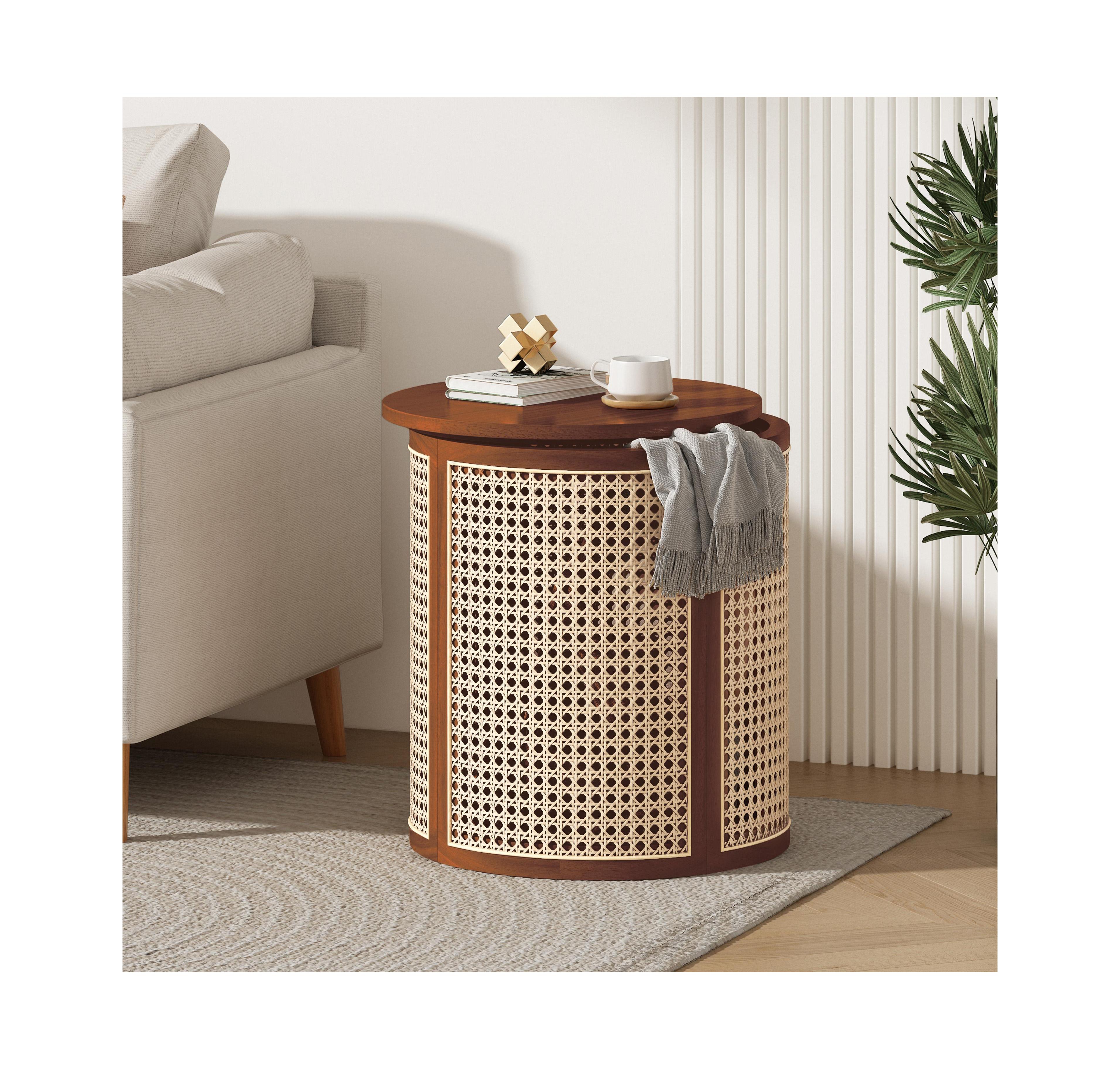 Flynama Round Rattan End Table Woven Side Table with Wood Top Small Nightstand for Bedroom Living Room