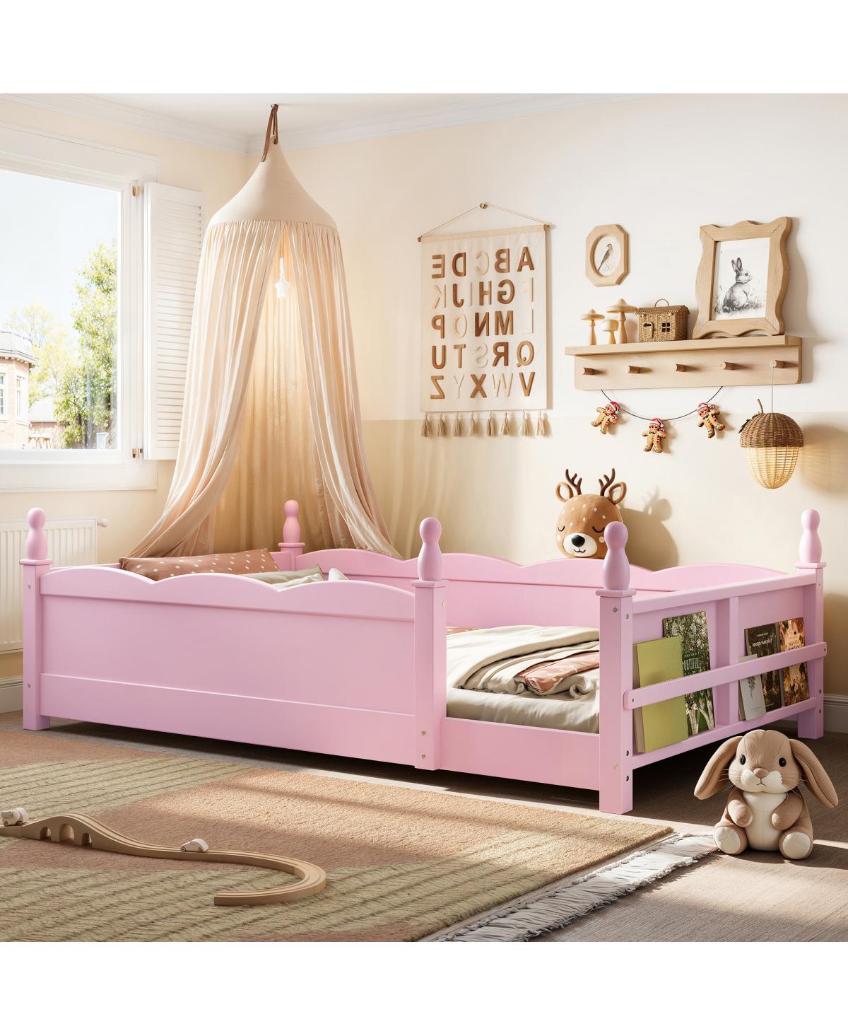 Streamdale Furniture Montessori Twin Floor Bed with Guardrails and Bookshelf