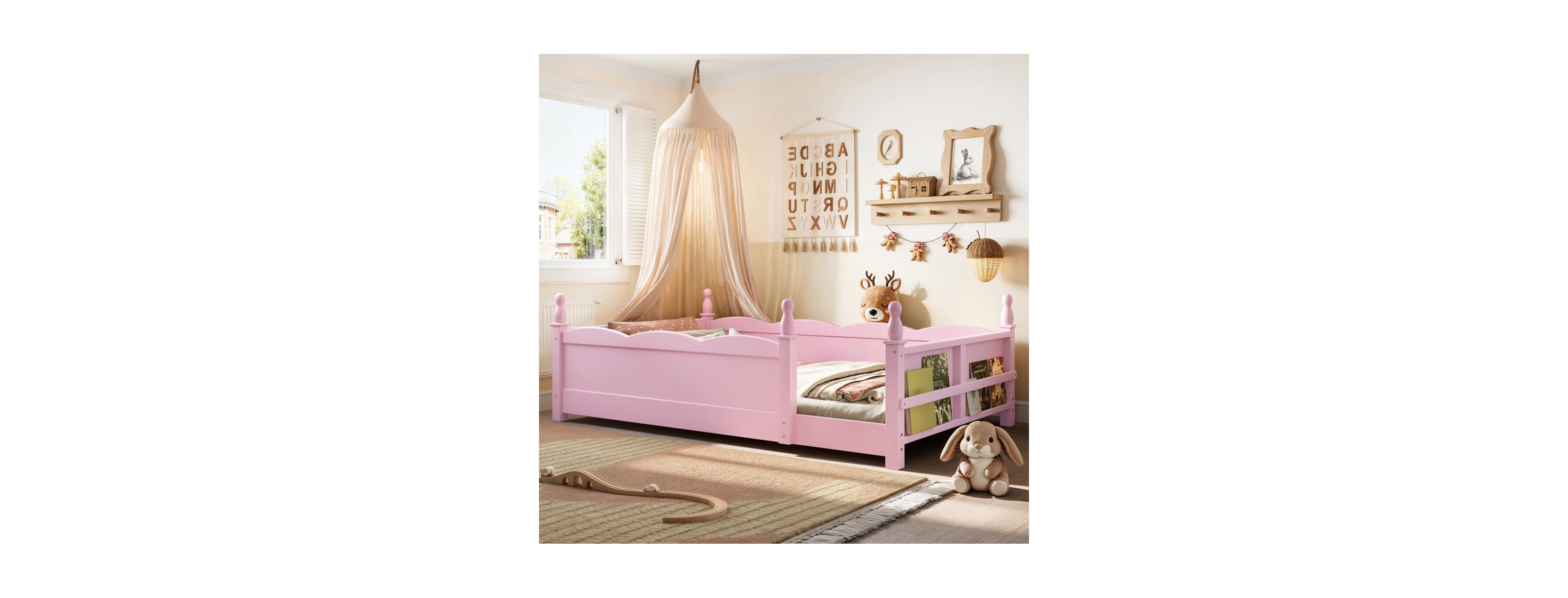 Streamdale Furniture Montessori Twin Floor Bed with Guardrails and Bookshelf