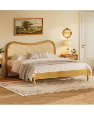 Mid-Century Modern King Platform Bed with Rattan Headboard
