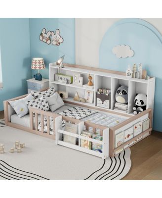 Twin Kids Wooden Platform Floor Bed with Guardrail and Storage Shelves