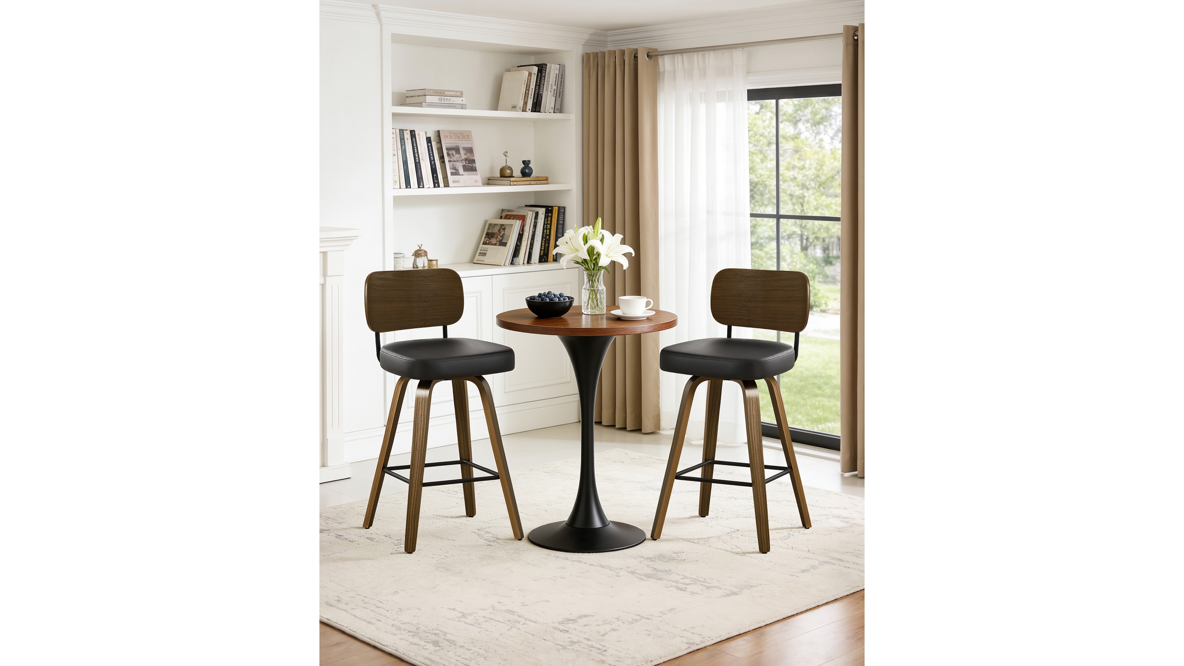 Bekrvio 26" Swivel Bar Stool, Faux Leather with Bentwood Frame and Footrest, Counter Height for Kitchen Island