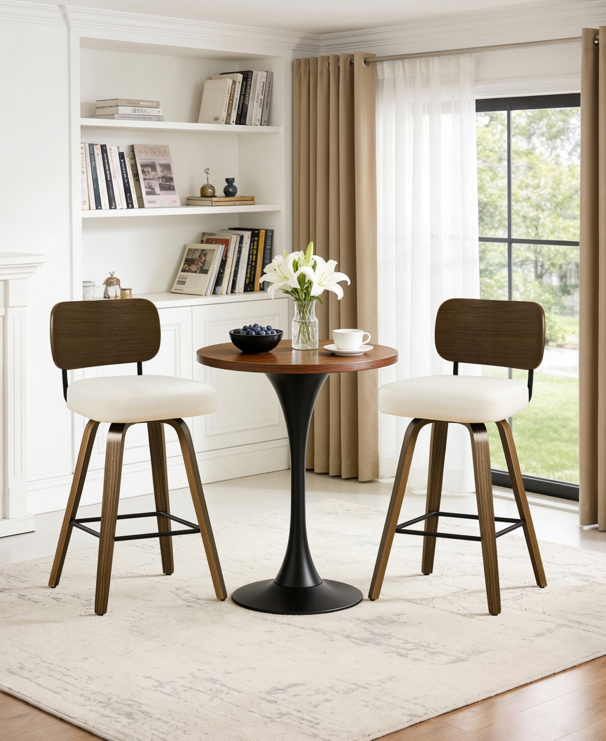Bekrvio 26" Swivel Bar Stool, Faux Leather with Bentwood Frame and Footrest, Counter Height for Kitchen Island, Mid-Century Modern - White