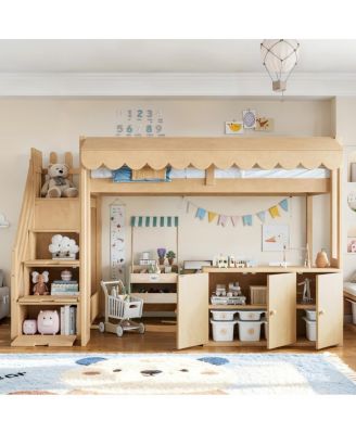 Twin over Twin Playhouse Loft Bed with Storage Stairs and Pretend Store Counter