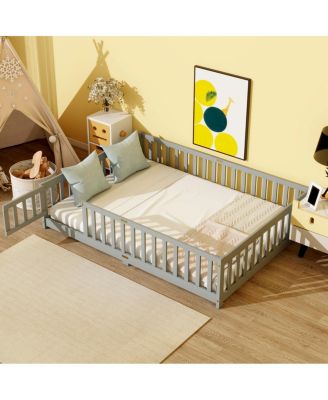 Full Size Wood Floor Bed with Fence, Door and Guardrails