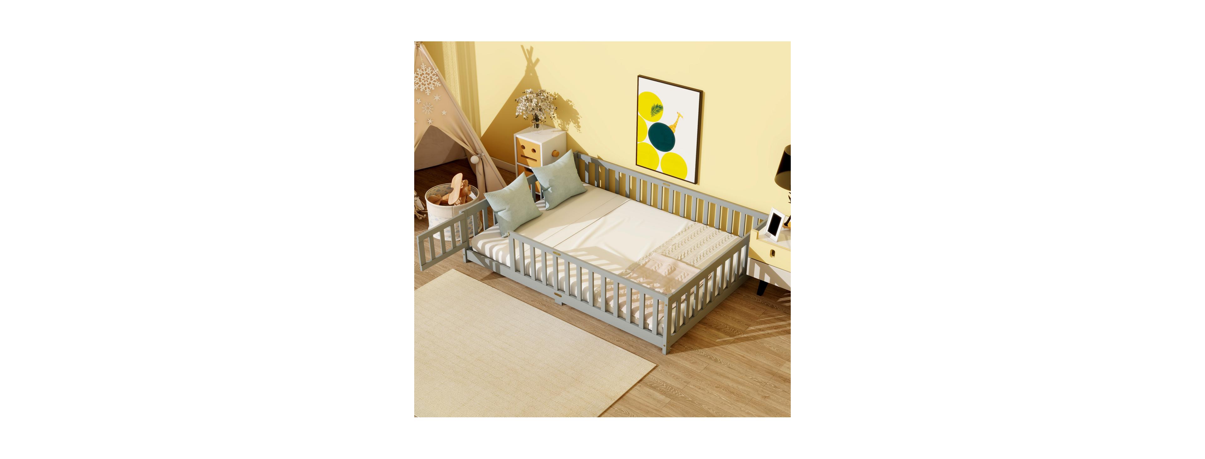 Streamdale Furniture Full Size Wood Floor Bed with Fence, Door and Guardrails