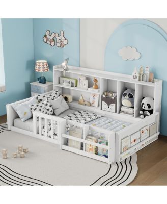 Twin Kids Wooden Platform Bed Frame with Guardrails, Shelves and Storage