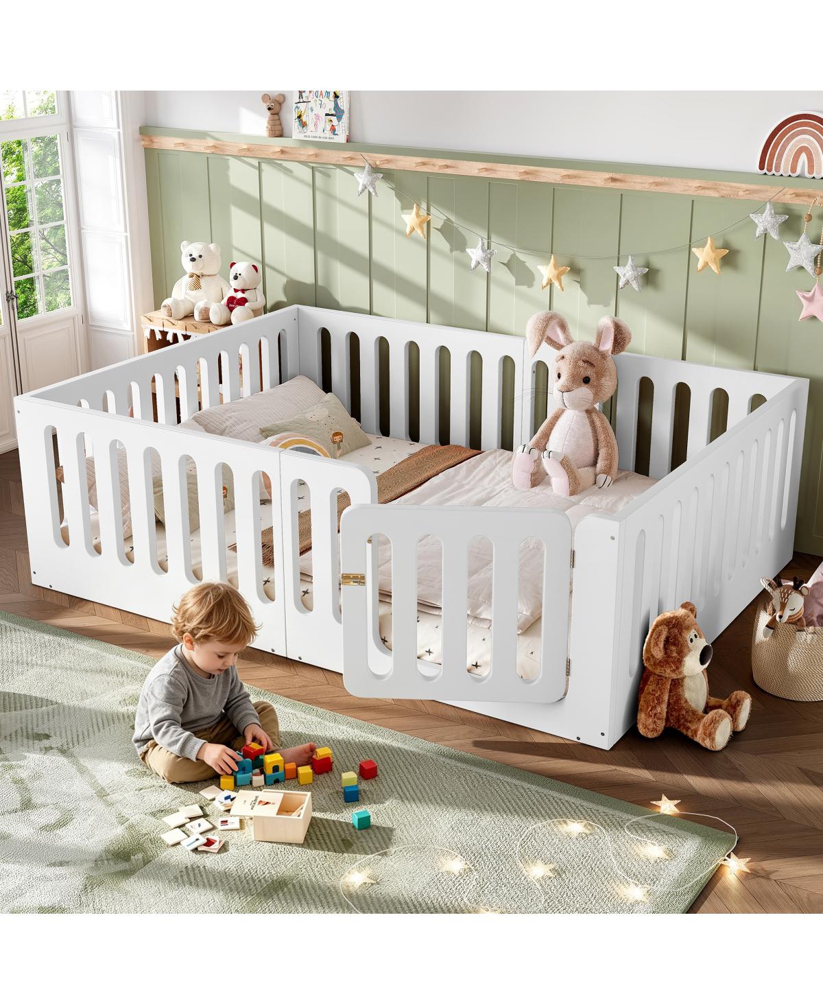 Streamdale Furniture Streamdale Queen Size Wood Floor Bed with High Fence and Door for Kids - White
