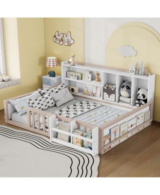  Full Size Kids Wooden Floor Bed with Guardrail, Shelves and Storage