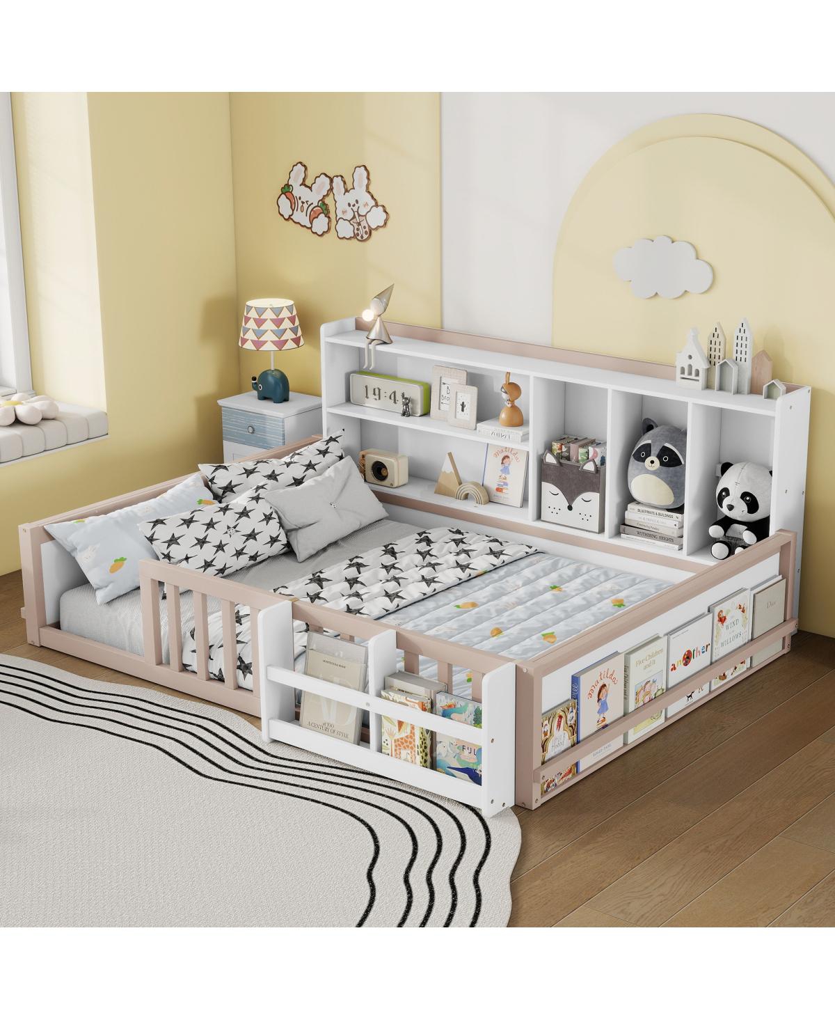 Streamdale Furniture Streamdale Full Size Kids Wooden Floor Bed with Guardrail, Shelves and Storage