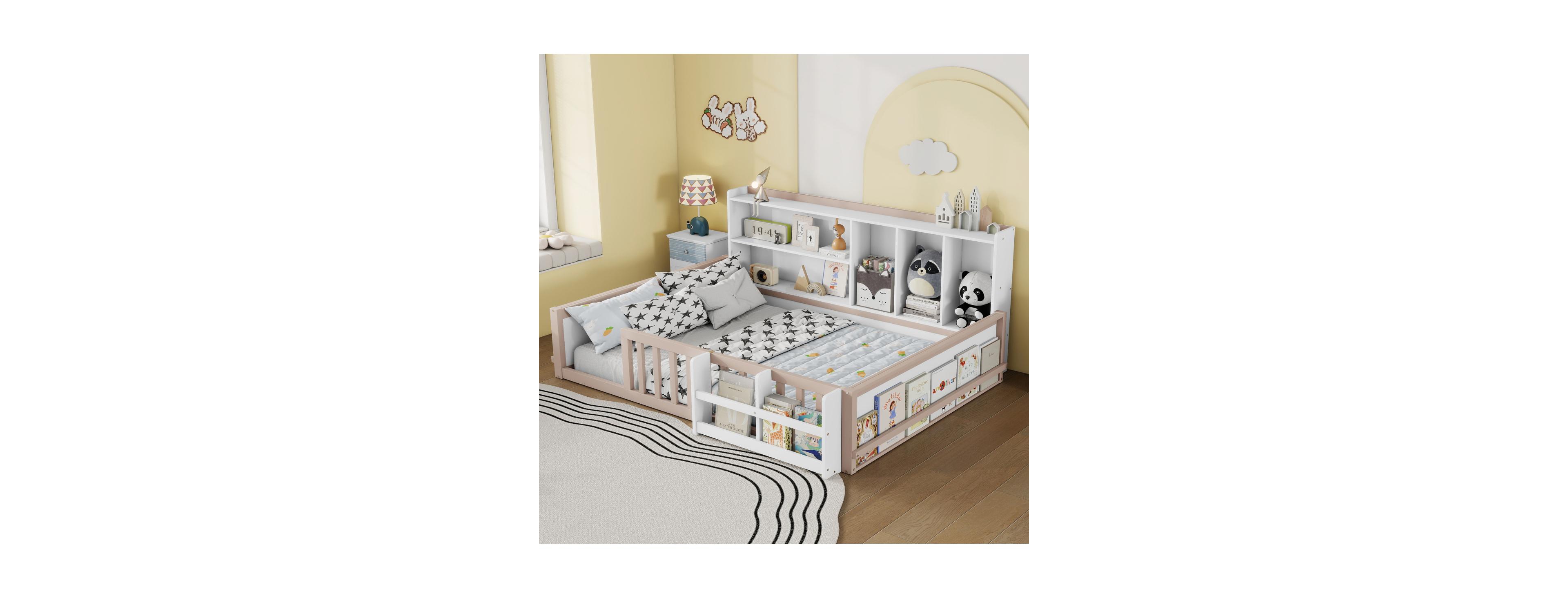 Streamdale Furniture Streamdale Full Size Kids Wooden Floor Bed with Guardrail, Shelves and Storage