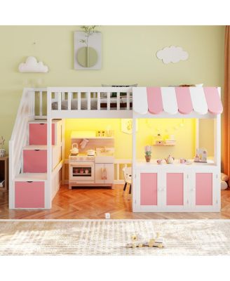 Twin Loft Bed with Storage Steps, LED, Cabinets and Playhouse